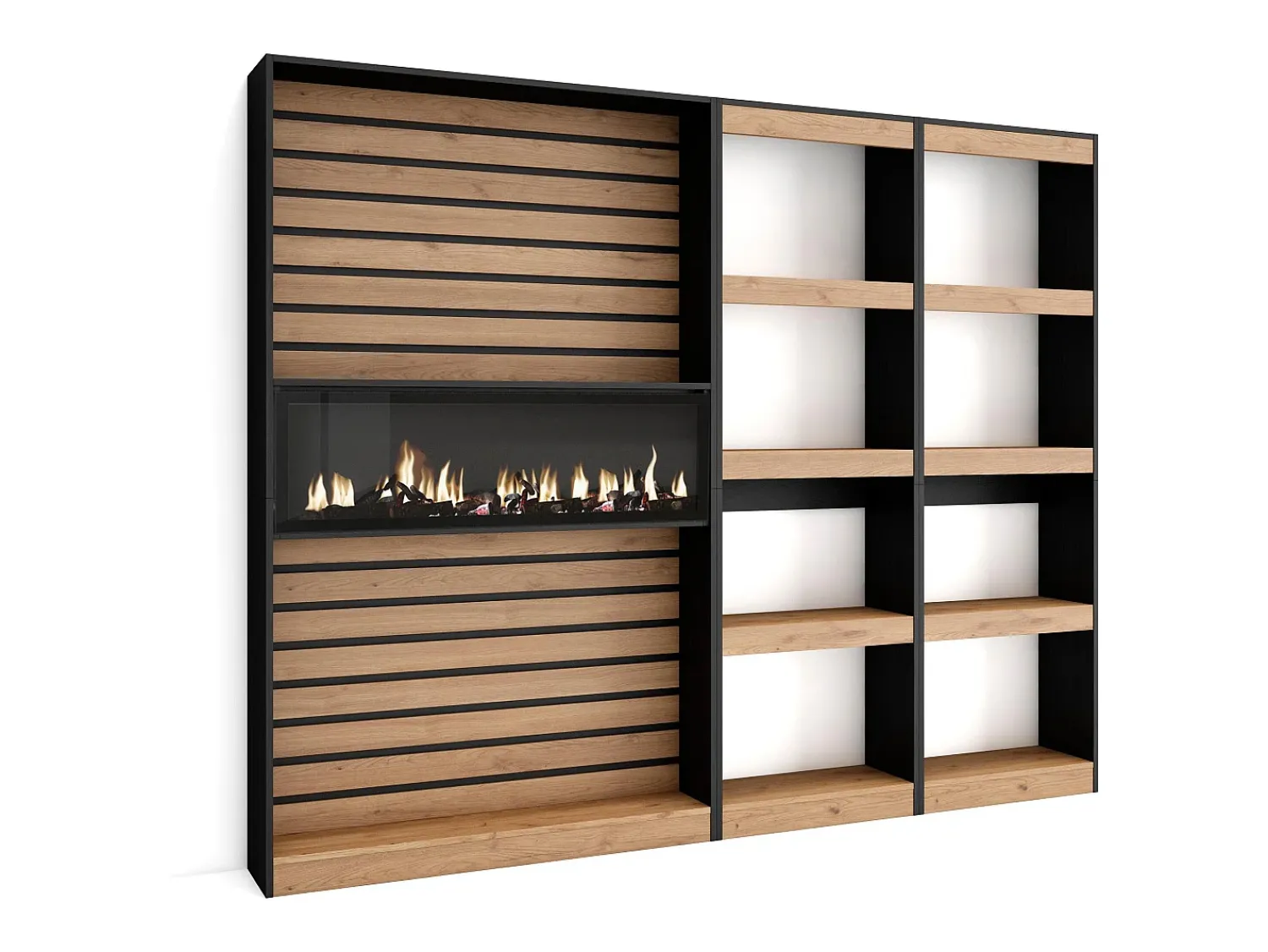 Biblioteca*Skraut Home Estantes de prateleiras, 230x25x186cm, Sala de estar - Escritório, Lareira eléctrica, Carvahlo e preto Natural claro
