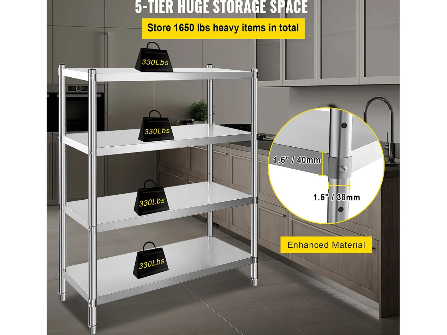 Estantes, SucceBuy Unidade de Estantes em Aço Inoxidável, 4 Estantes, 122 x 48 x 150 CM, Capacidade de Carga 600 KG^ Prateleira