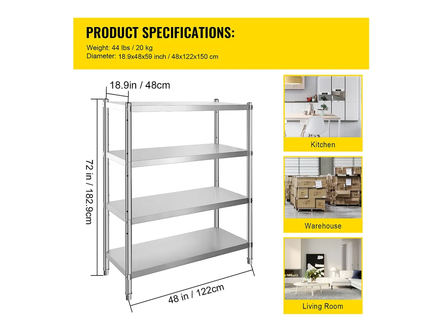 Estantes, SucceBuy Unidade de Estantes em Aço Inoxidável, 4 Estantes, 122 x 48 x 150 CM, Capacidade de Carga 600 KG^ Prateleira