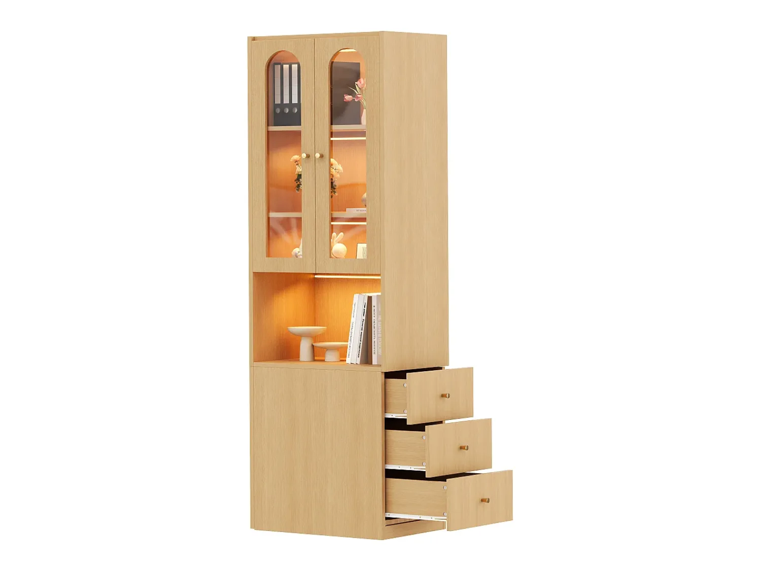 Vitrina*ModernLuxe Estante/Vitrine - 60×40×200 cm - 3 gavetas laterais e 2 portas de vidro - LED - Lados esquerdo/direito reversíveis - Natural Natural claro