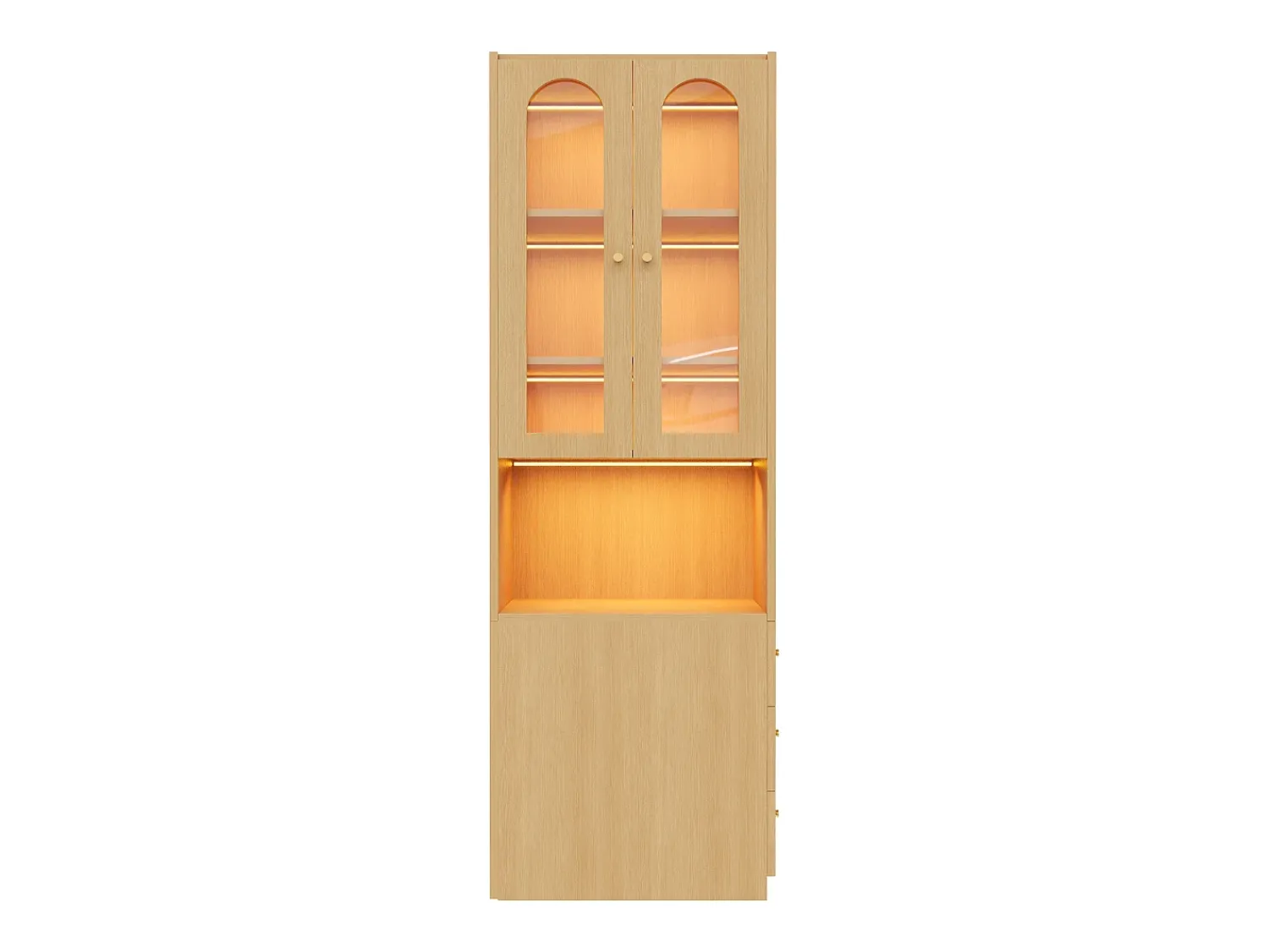 Vitrina*ModernLuxe Estante/Vitrine - 60×40×200 cm - 3 gavetas laterais e 2 portas de vidro - LED - Lados esquerdo/direito reversíveis - Natural Natural claro