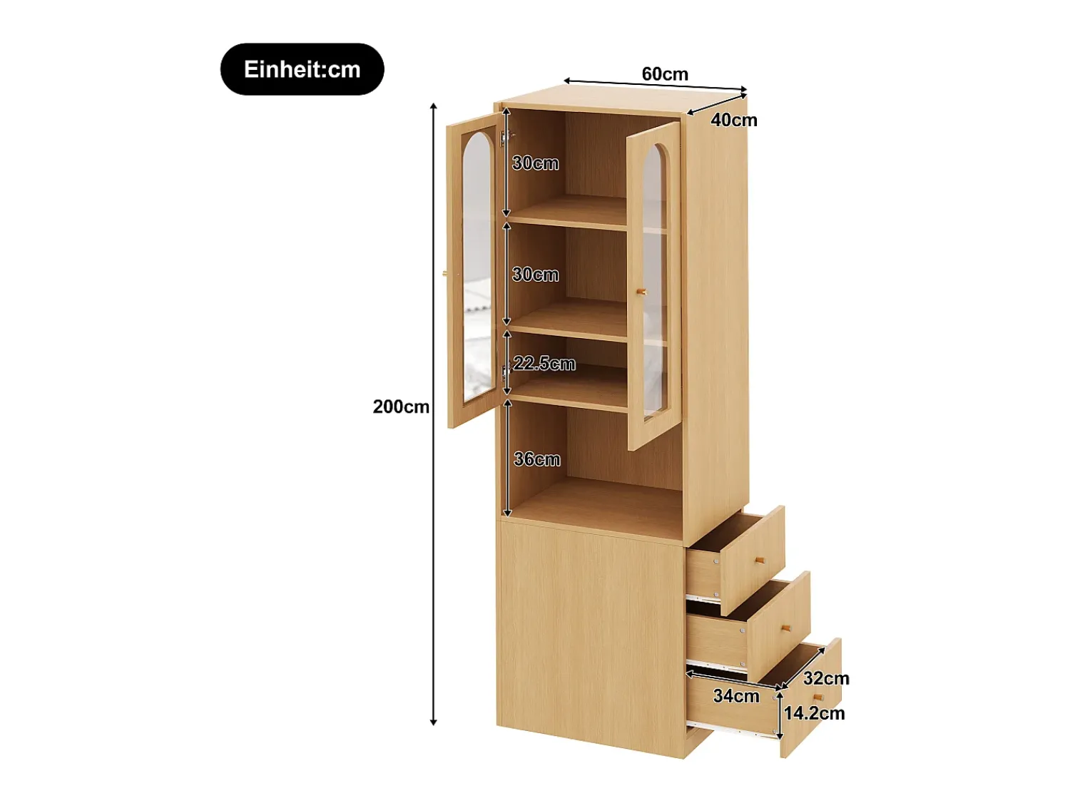 Vitrina*ModernLuxe Estante/Vitrine - 60×40×200 cm - 3 gavetas laterais e 2 portas de vidro - LED - Lados esquerdo/direito reversíveis - Natural Natural claro