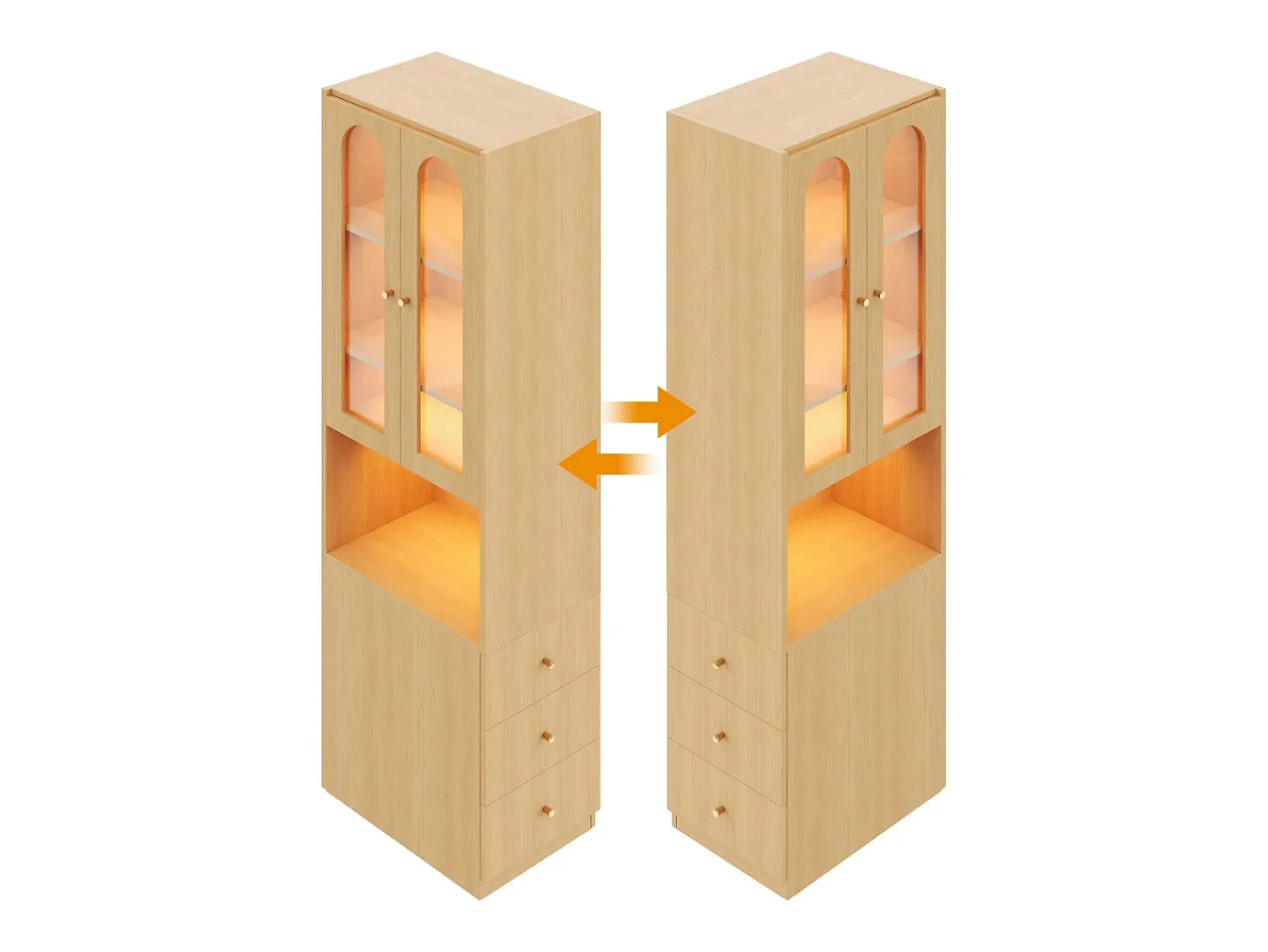 Vitrina*ModernLuxe Estante/Vitrine - 60×40×200 cm - 3 gavetas laterais e 2 portas de vidro - LED - Lados esquerdo/direito reversíveis - Natural Natural claro