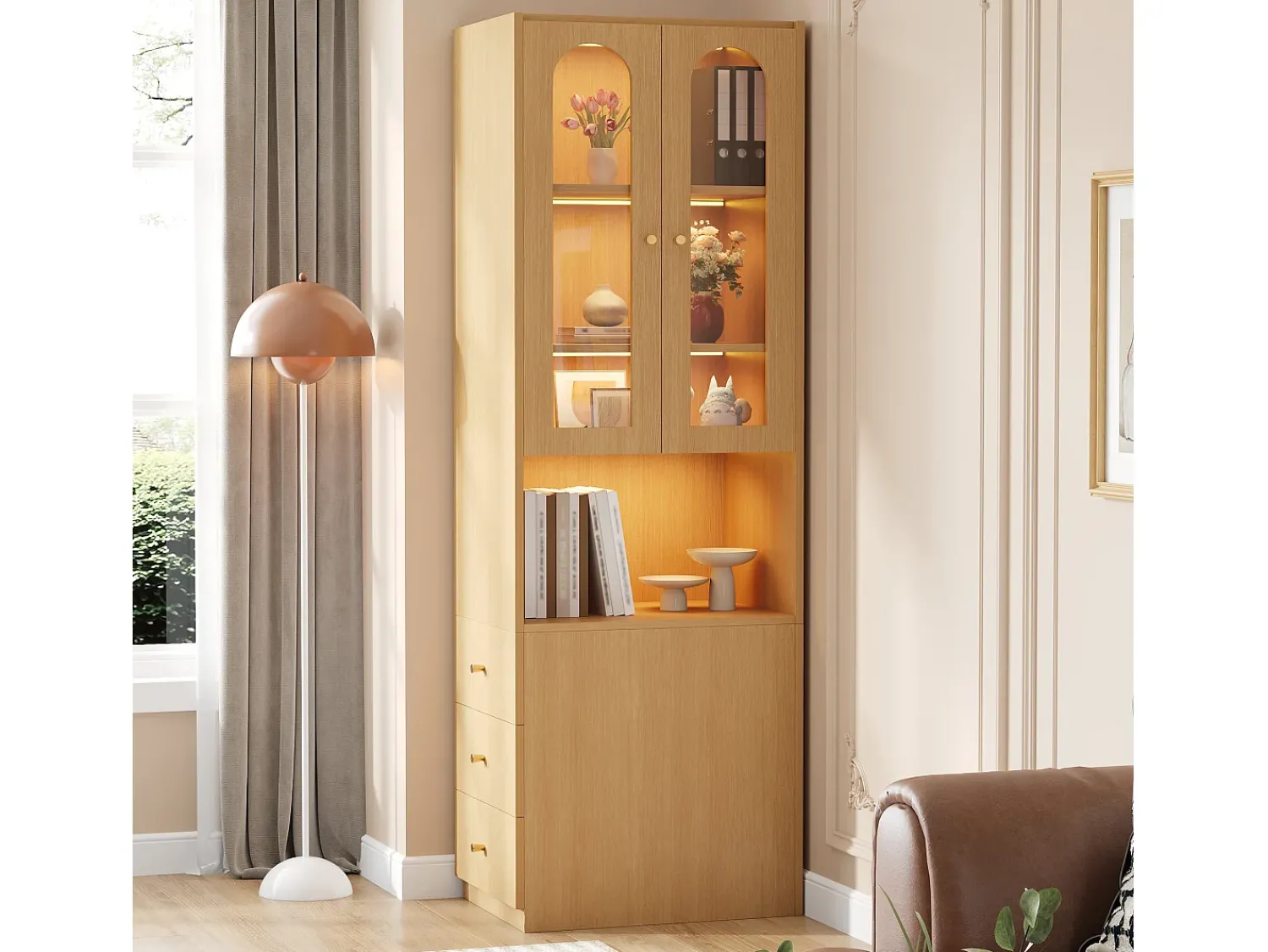 Vitrina*ModernLuxe Estante/Vitrine - 60×40×200 cm - 3 gavetas laterais e 2 portas de vidro - LED - Lados esquerdo/direito reversíveis - Natural Natural claro