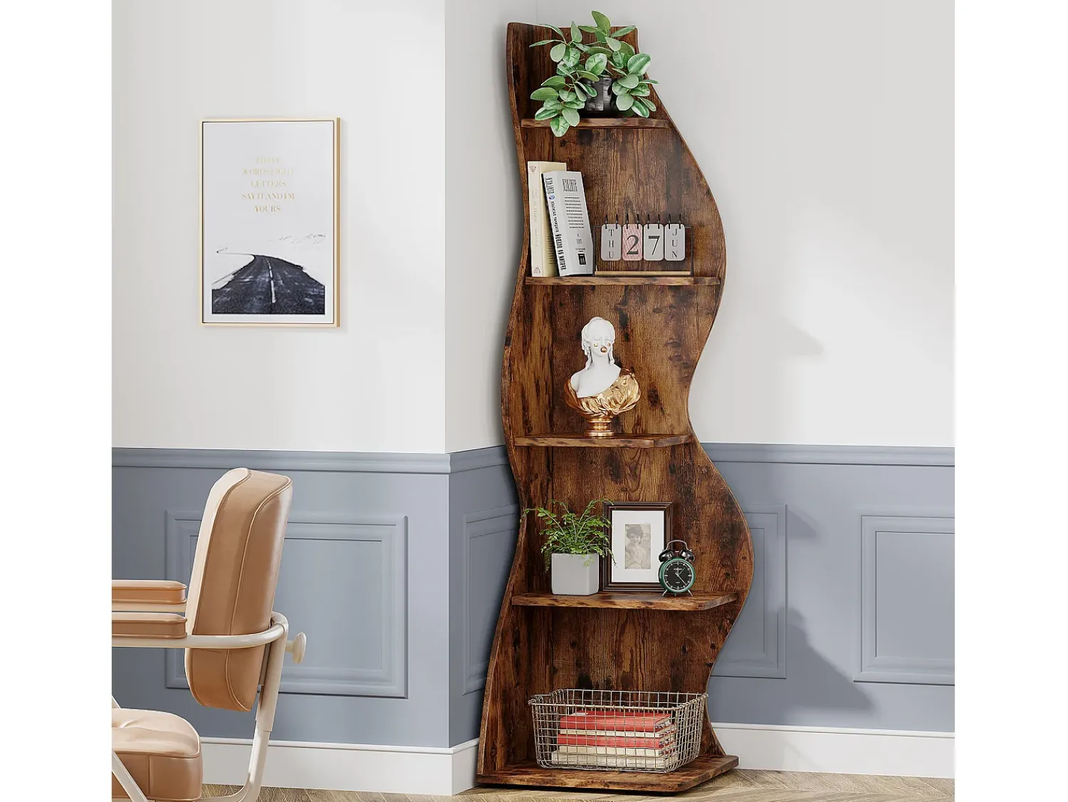 Tribesigns Etagère de canto moderna com 5 níveis, Pequena biblioteca de canto elegante, Suporte para plantas e unidade de organização com formato único,^ Biblioteca