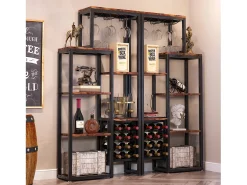 Acessórios De Arrumação|Acessório Vinho E Bar|Tribesigns Etagère de vin autônoma com 5 andares, com suporte em vidro e espaço para guardar vinhos, estante industrial para bar, cozinha, sala de jantar Castanho