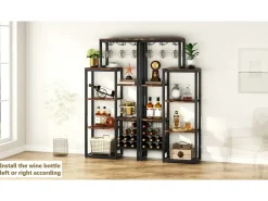 Acessórios De Arrumação|Acessório Vinho E Bar|Tribesigns Etagère de vin autônoma com 5 andares, com suporte em vidro e espaço para guardar vinhos, estante industrial para bar, cozinha, sala de jantar Castanho