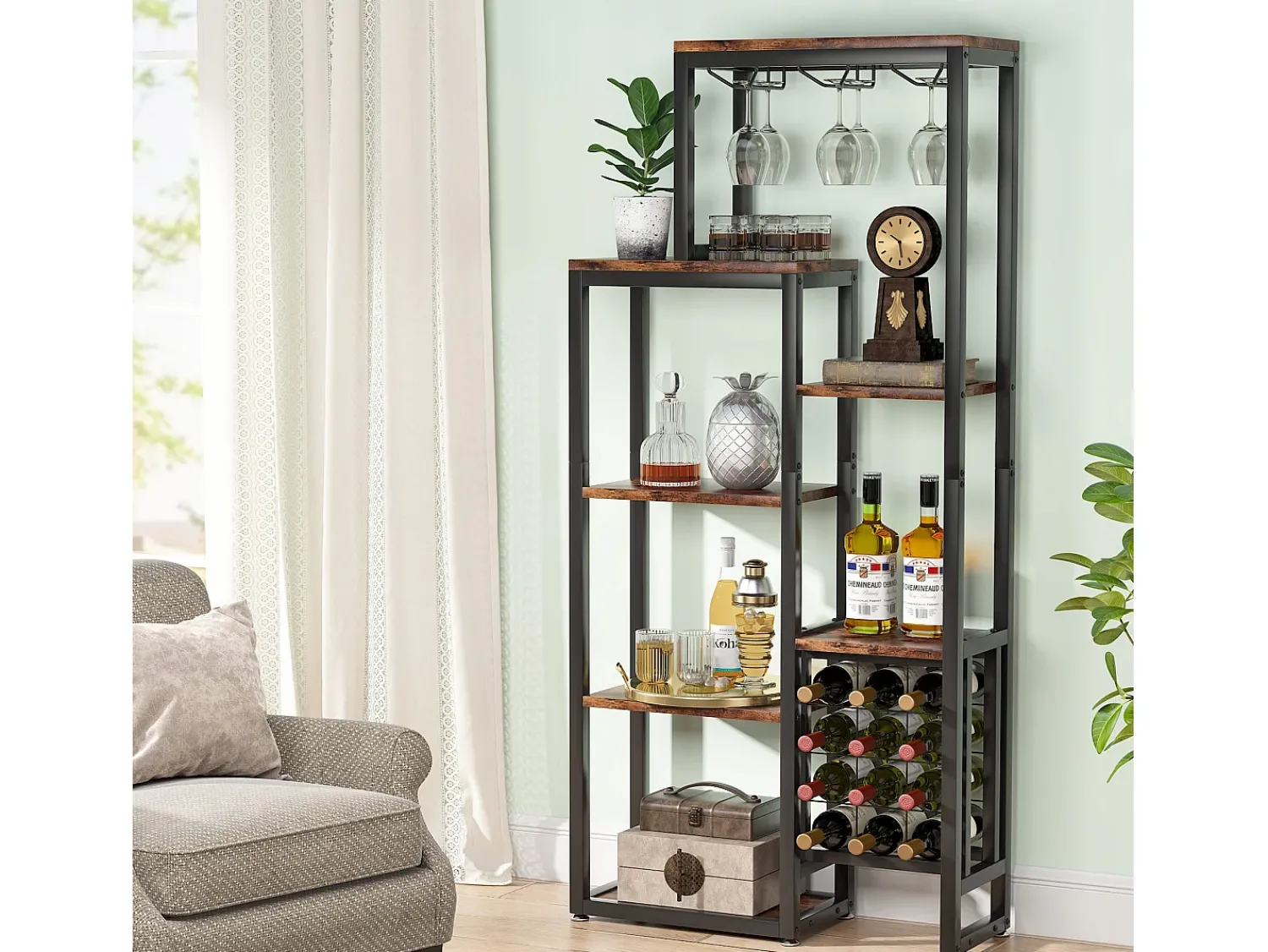 Acessórios De Arrumação|Acessório Vinho E Bar|Tribesigns Etagère de vin autônoma com 5 andares, com suporte em vidro e espaço para guardar vinhos, estante industrial para bar, cozinha, sala de jantar Castanho