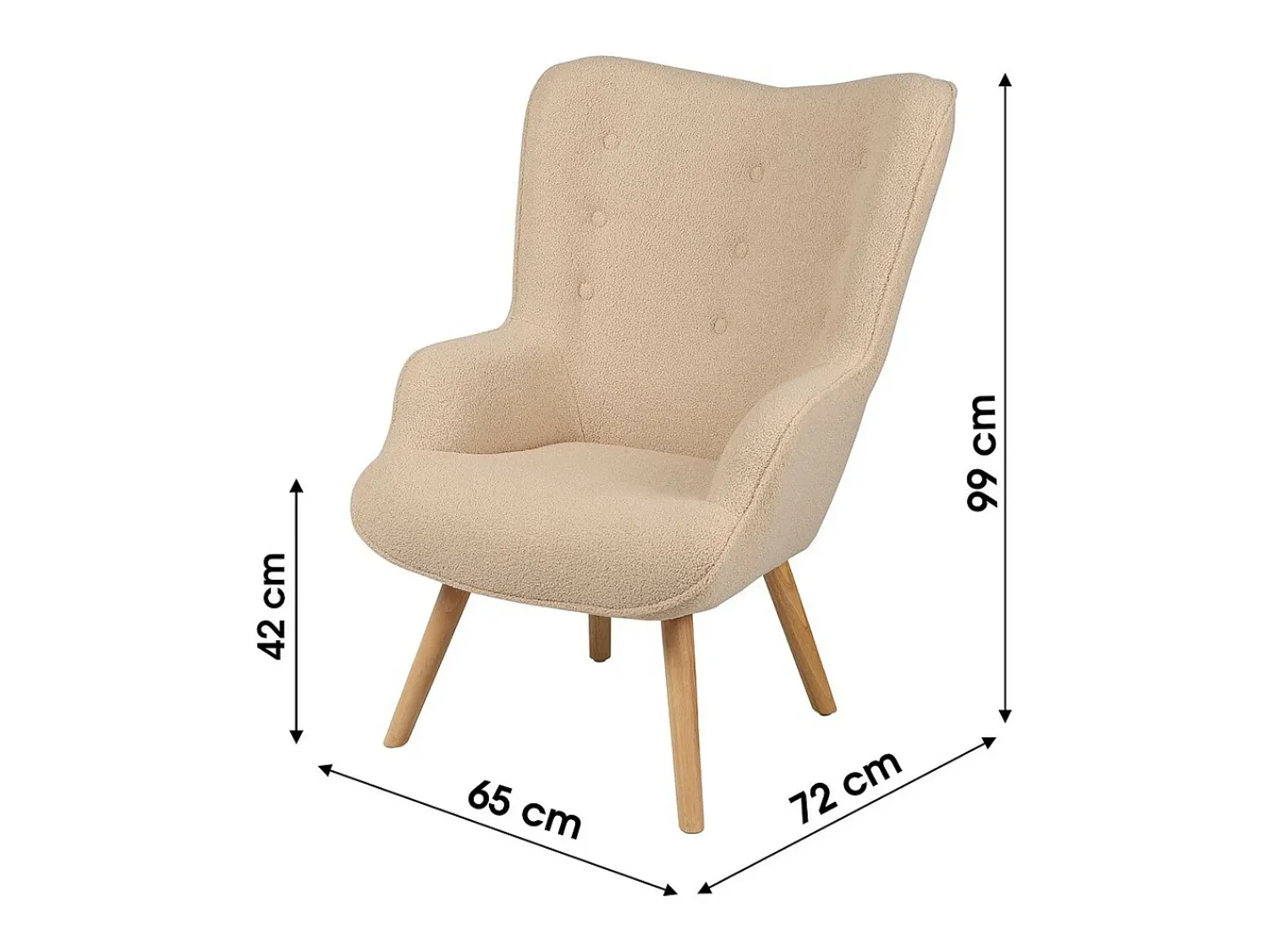 Sale Meublorama Fauteuil de salon en tissu teddy beige avec pieds en bois collection ENJOY. Style scandinave Bege