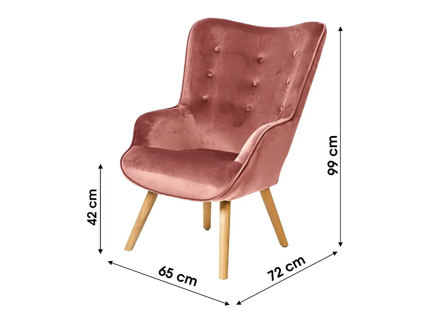 Discount Meublorama Fauteuil de salon en velours rose avec pieds en bois collection ENJOY. Style scandinave Rosa