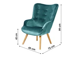 Meublorama Fauteuil de salon en velours bleu canard avec pieds en bois collection ENJOY. Style scandinave^ Poltrona