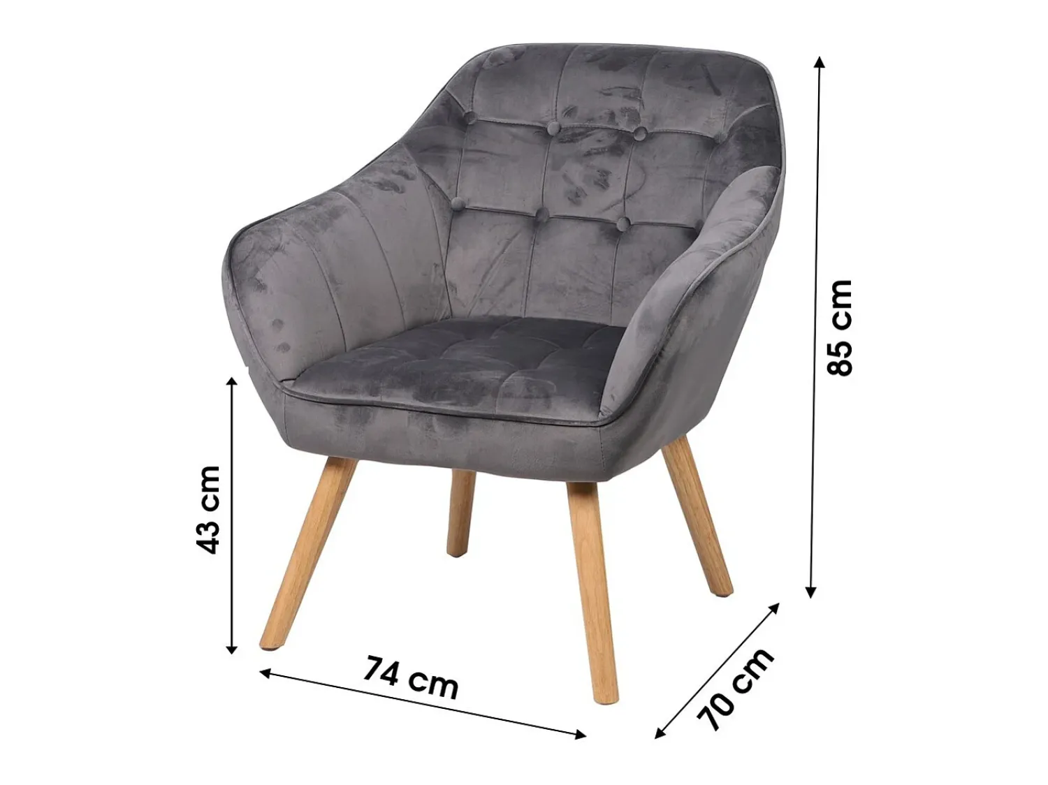 Meublorama Fauteuil en velours gris avec pieds en bois – 74x70xH85 cm, hauteur d'assise 43 cm – Collection VELUREA^ Poltrona