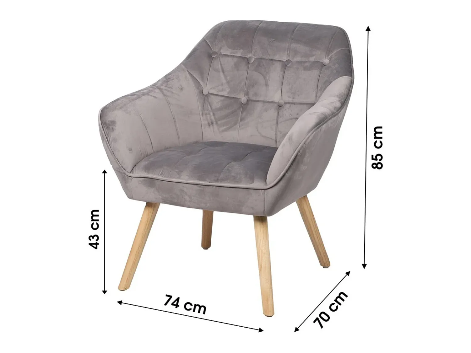 Poltrona|Meublorama Fauteuil en velours gris clair avec pieds en bois – 74x70xH85 cm, hauteur d'assise 43 cm – Collection VELUREA Cinzento claro
