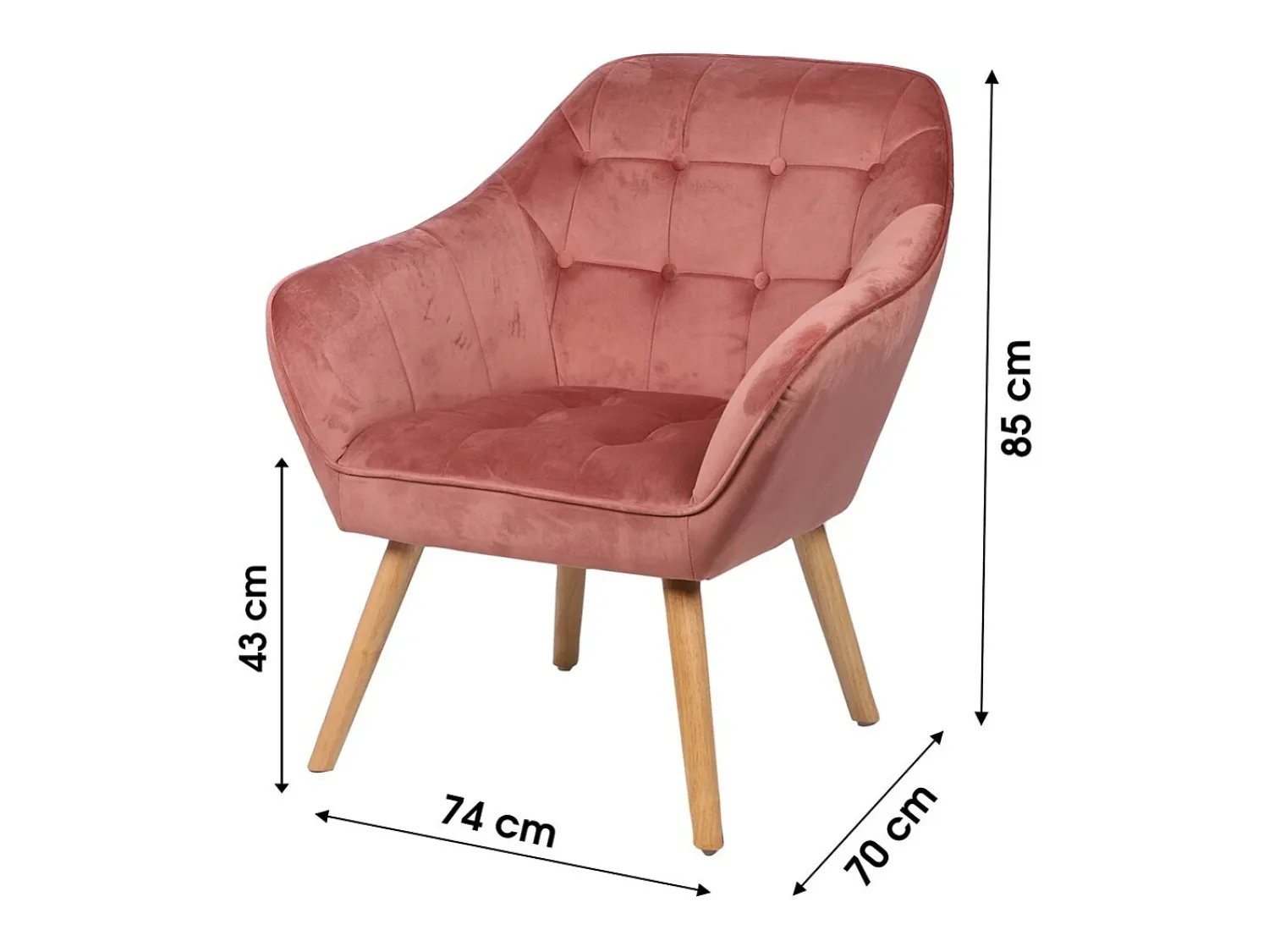 Outlet Meublorama Fauteuil en velours rose avec pieds en bois – 74x70xH85 cm, hauteur d'assise 43 cm – Collection VELUREA Rosa