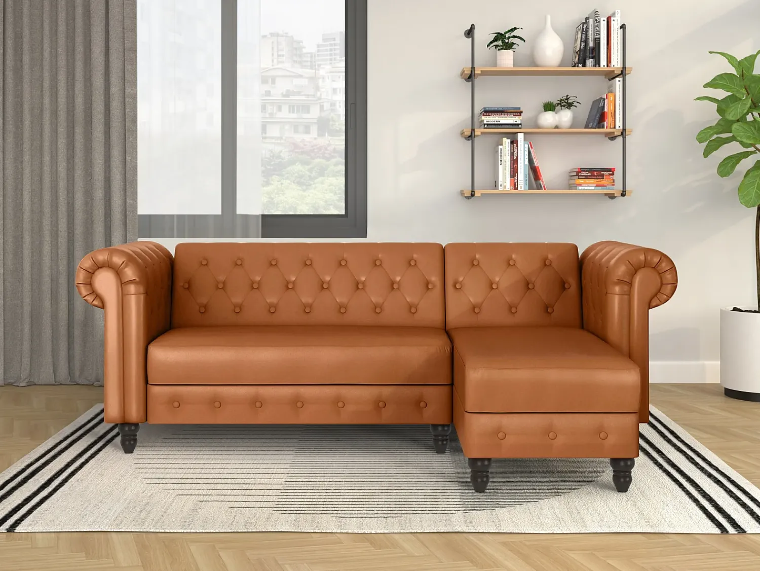 Sofá|Dorel Home Felix | Sofá-cama Chaise Longue em PU Cognac Castanho