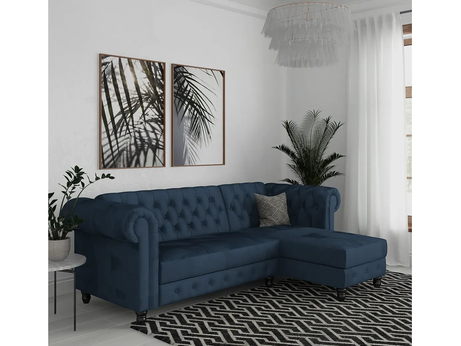 Sofá|Loft24 Felix | Sofá-cama com chaise longue em veludo Azul