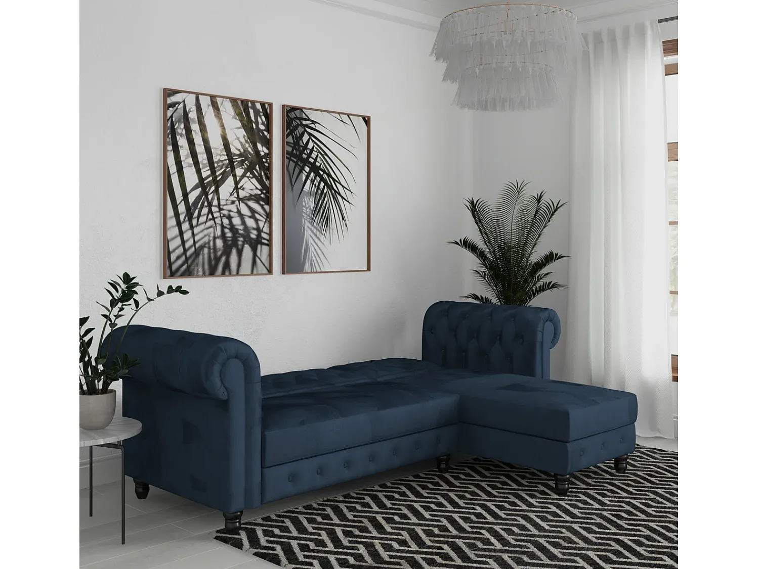 Sofá|Loft24 Felix | Sofá-cama com chaise longue em veludo Azul