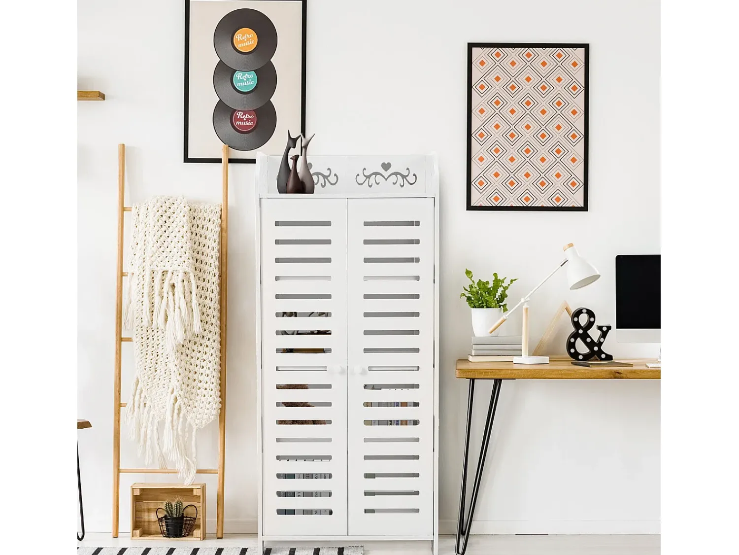 Móvel De Arrumação|Sapateira|DripeX Gabinete de sapatos 5 prateleiras, gabinete de sapato de 2 dotas, design de padrão de corte, 40x31x90cm, Branco