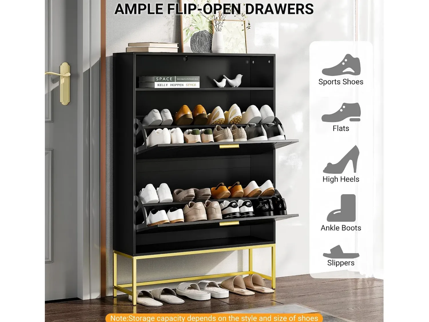 Móvel De Arrumação|Sapateira|DripeX Gabinete de sapatos, com 2 portas de terceirização e 1 prateleira aberta, anti-Inclined, Black, 80x24x117cm Design Preto