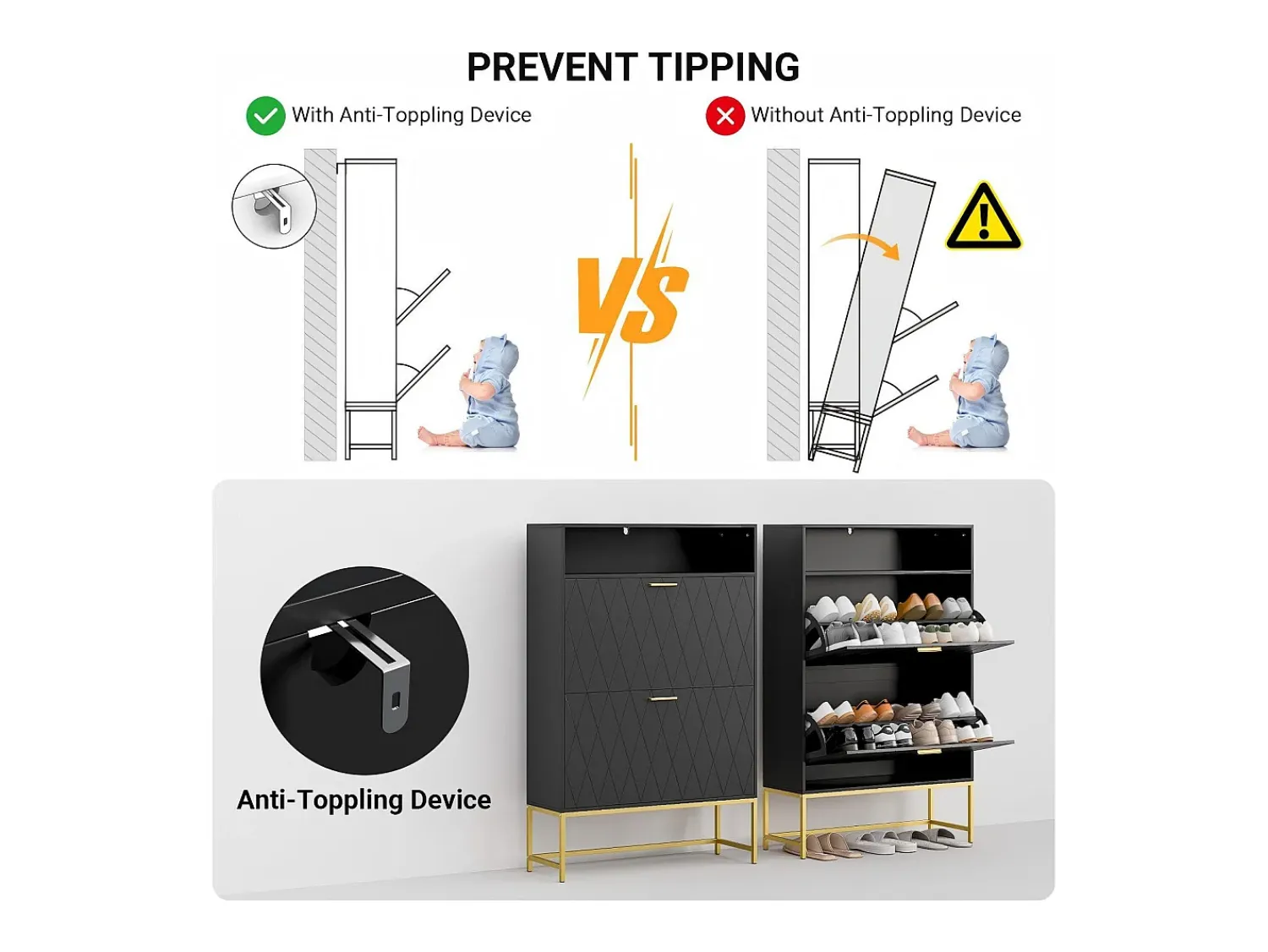 Móvel De Arrumação|Sapateira|DripeX Gabinete de sapatos, com 2 portas de terceirização e 1 prateleira aberta, anti-Inclined, Black, 80x24x117cm Design Preto