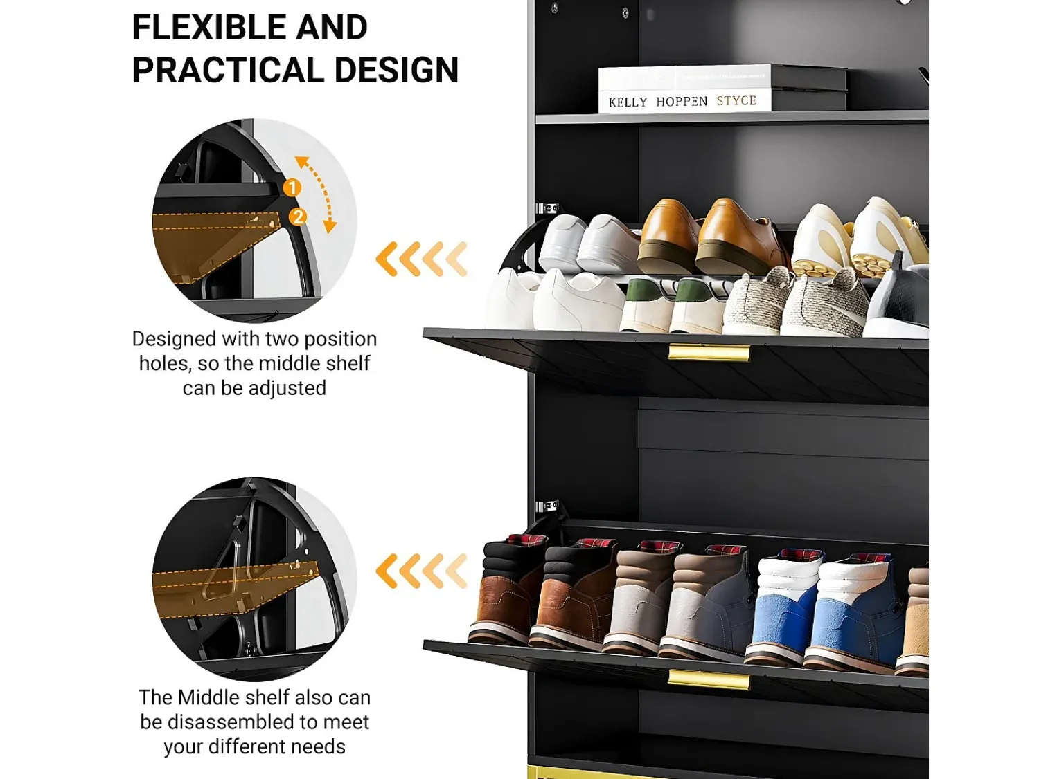 Móvel De Arrumação|Sapateira|DripeX Gabinete de sapatos, com 2 portas de terceirização e 1 prateleira aberta, anti-Inclined, Black, 80x24x117cm Design Preto