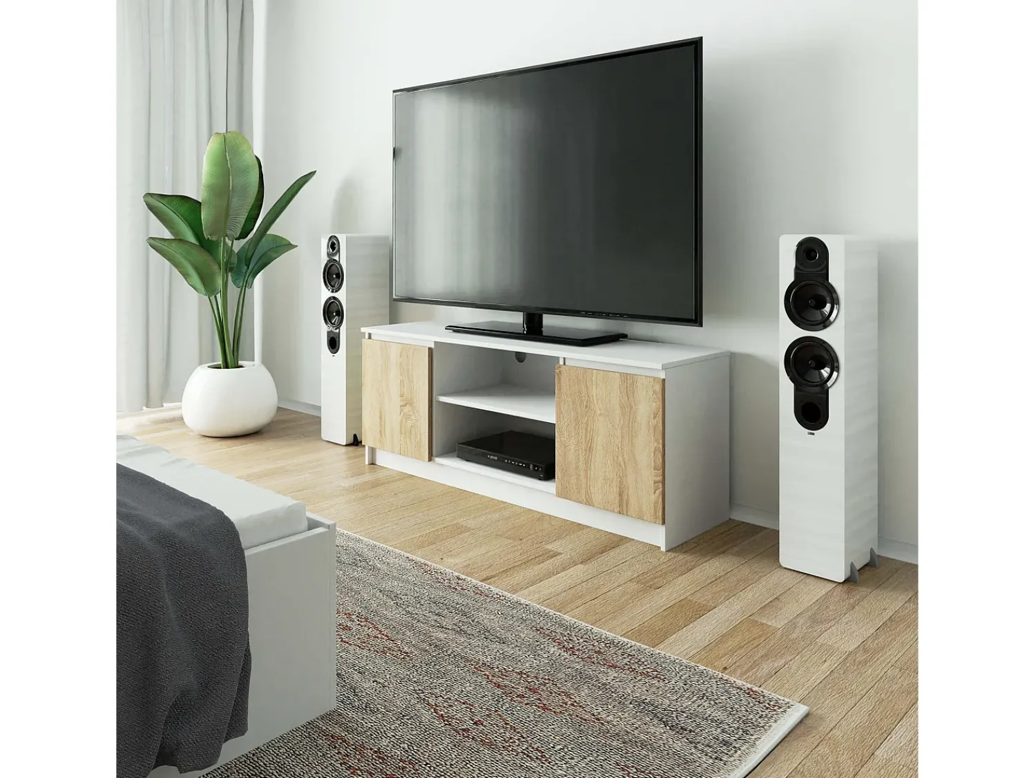 Akord Gabinete de TV 140 cm Branco/Carvalho de Sonoma com 2 Portas e 2 Prateleiras, para Montagem DIY, 55 cm Altura, 40 cm Profundidade, Design Moderno^ Móvel De Tv