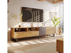 Móvel De Tv*DripeX Gabinete de TV 2 gavetas 1 portas e 3 nichos - em MDF - Efeito de grão de madeira e pés de metal - 180x38x50cm Natural claro