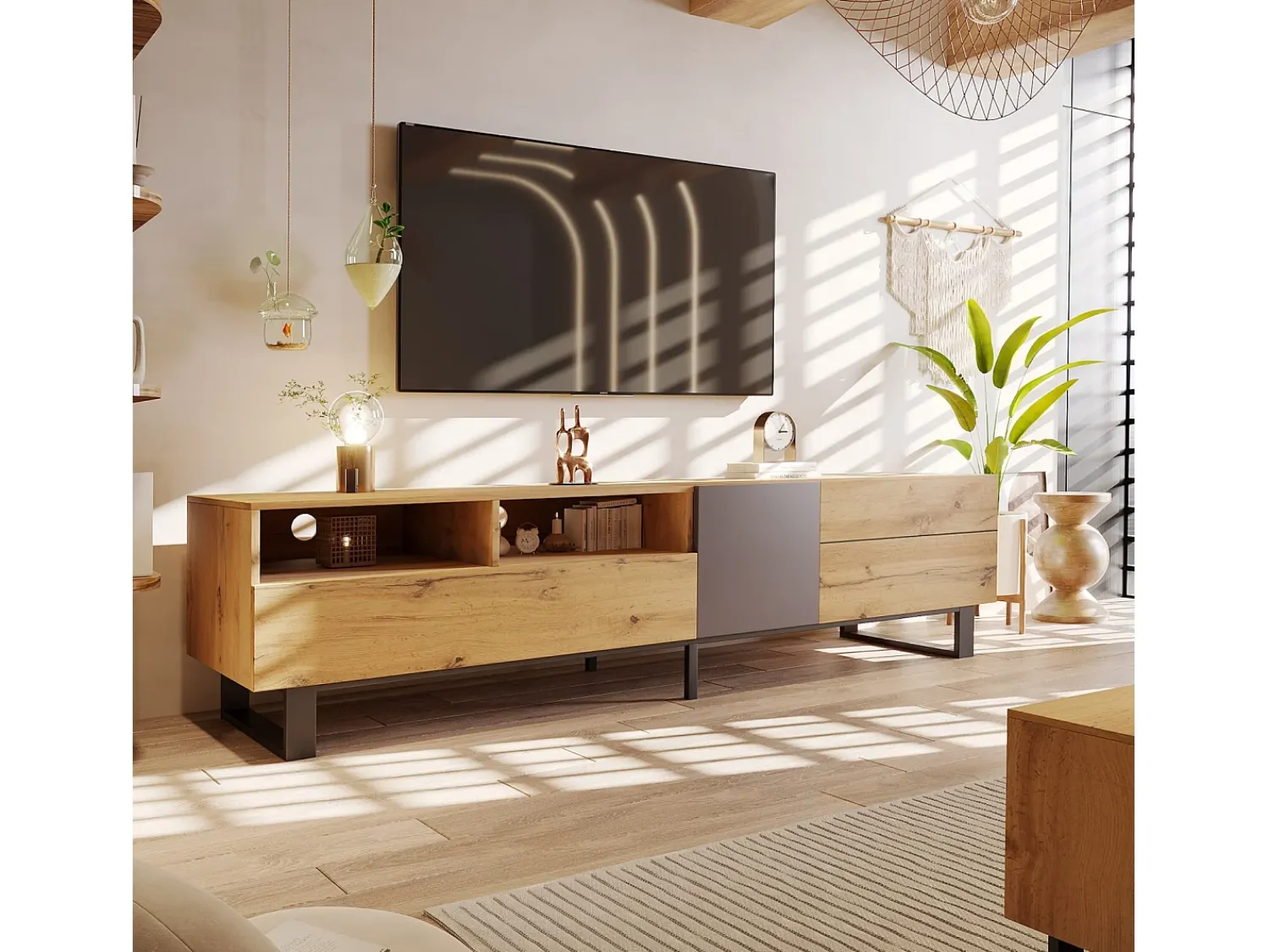 Móvel De Tv*DripeX Gabinete de TV 2 gavetas 1 portas e 3 nichos - em MDF - Efeito de grão de madeira e pés de metal - 180x38x50cm Natural claro