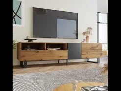 Móvel De Tv*DripeX Gabinete de TV 2 gavetas 1 portas e 3 nichos - em MDF - Efeito de grão de madeira e pés de metal - 180x38x50cm Natural claro