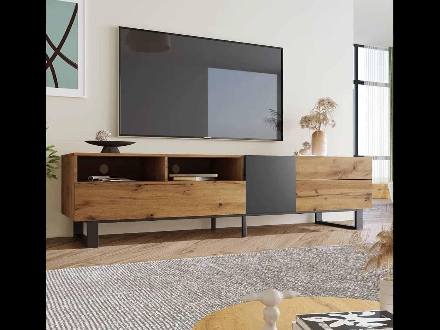 Móvel De Tv*DripeX Gabinete de TV 2 gavetas 1 portas e 3 nichos - em MDF - Efeito de grão de madeira e pés de metal - 180x38x50cm Natural claro