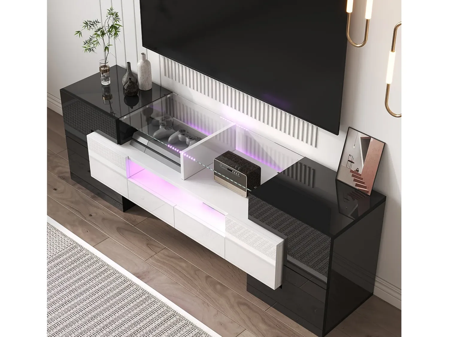 DripeX Gabinete de TV 2 gavetas 6 portas e 3 nichos, com LEDs, carga máxima de 60 kg, +branco, 145x30x51cm^ Móvel De Tv