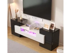 DripeX Gabinete de TV 2 gavetas 6 portas e 3 nichos, com LEDs, carga máxima de 60 kg, +branco, 145x30x51cm^ Móvel De Tv
