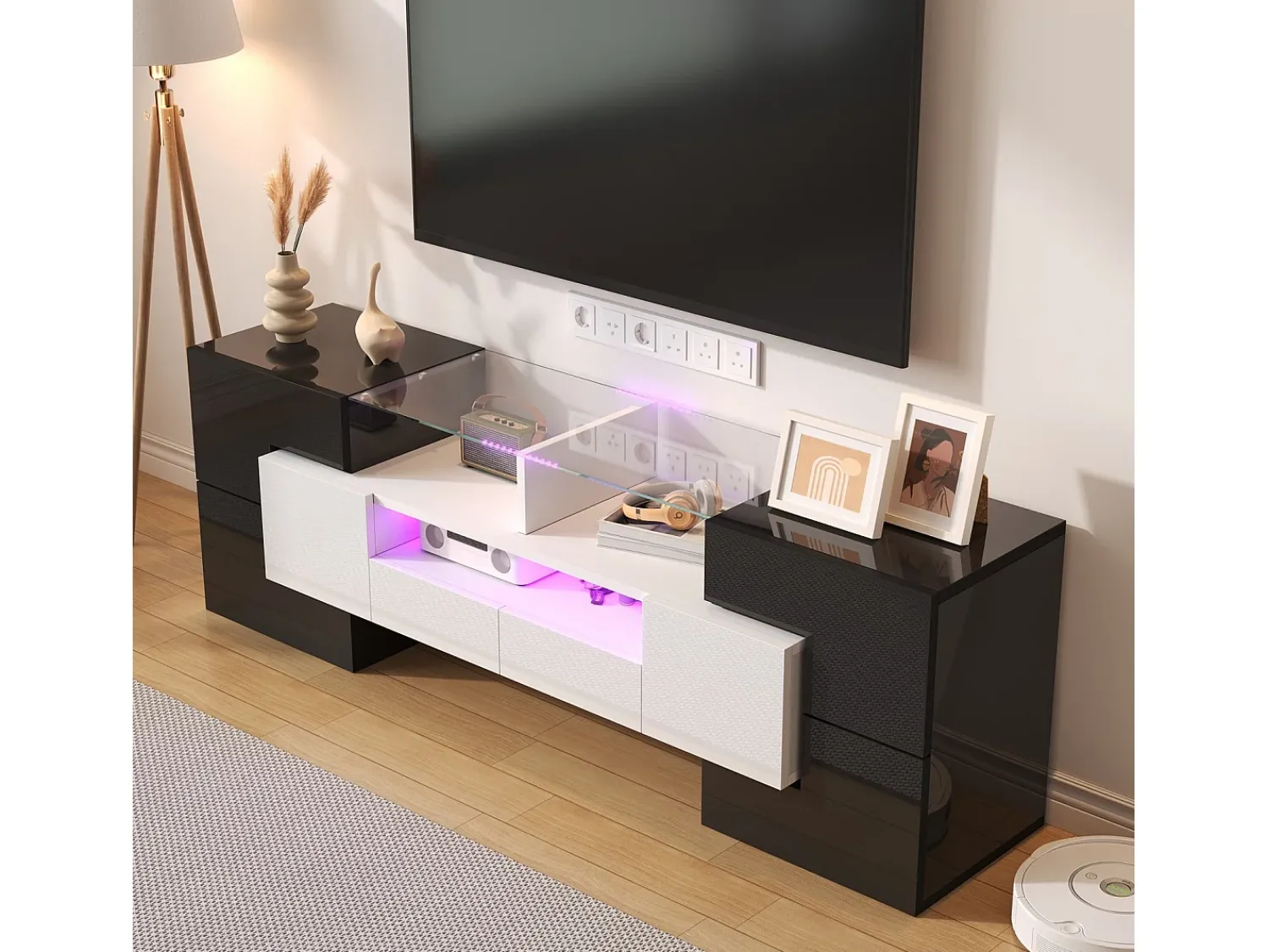 DripeX Gabinete de TV 2 gavetas 6 portas e 3 nichos, com LEDs, carga máxima de 60 kg, +branco, 145x30x51cm^ Móvel De Tv