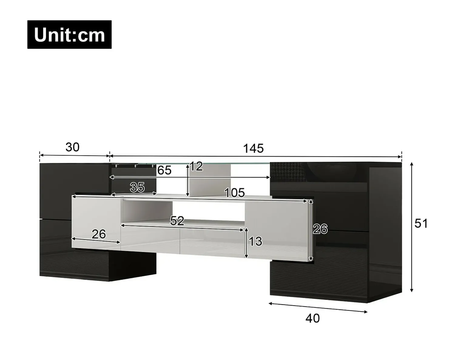 DripeX Gabinete de TV 2 gavetas 6 portas e 3 nichos, com LEDs, carga máxima de 60 kg, +branco, 145x30x51cm^ Móvel De Tv