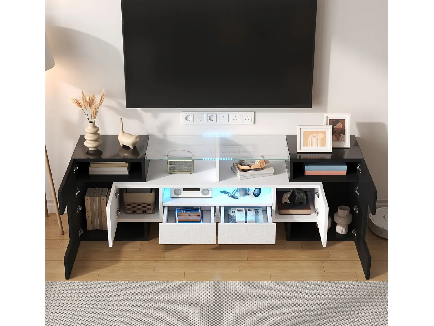 DripeX Gabinete de TV 2 gavetas 6 portas e 3 nichos, com LEDs, carga máxima de 60 kg, +branco, 145x30x51cm^ Móvel De Tv