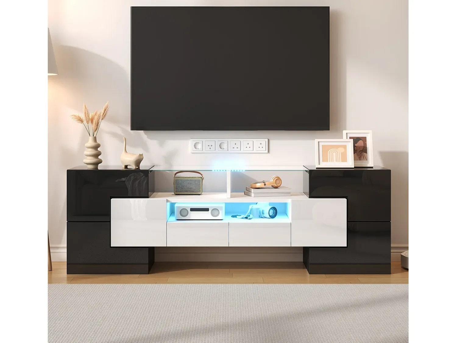 DripeX Gabinete de TV 2 gavetas 6 portas e 3 nichos, com LEDs, carga máxima de 60 kg, +branco, 145x30x51cm^ Móvel De Tv