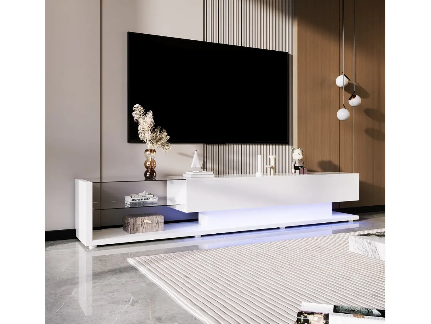 New DripeX Gabinete de TV 2 gavetas e 2 prateleiras de vidro, painéis baixos, com LED variável, carga máxima de 50 kg, 170x36x38cm, Branco
