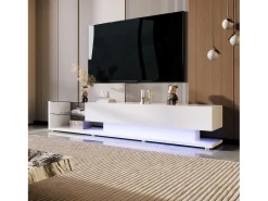 New DripeX Gabinete de TV 2 gavetas e 2 prateleiras de vidro, painéis baixos, com LED variável, carga máxima de 50 kg, 170x36x38cm, Branco