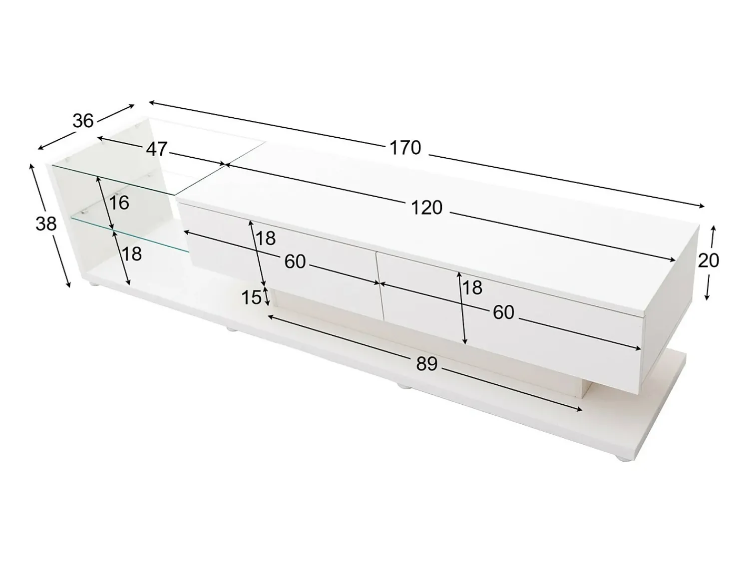New DripeX Gabinete de TV 2 gavetas e 2 prateleiras de vidro, painéis baixos, com LED variável, carga máxima de 50 kg, 170x36x38cm, Branco