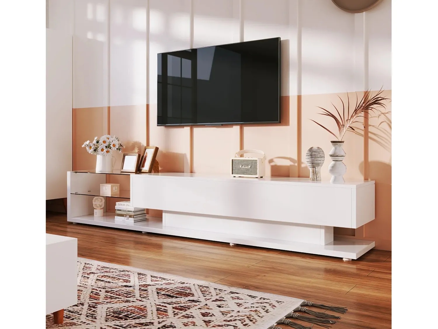 New DripeX Gabinete de TV 2 gavetas e 2 prateleiras de vidro, painéis baixos, com LED variável, carga máxima de 50 kg, 170x36x38cm, Branco