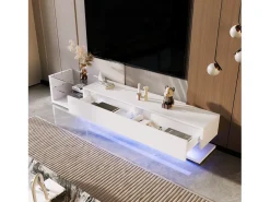 New DripeX Gabinete de TV 2 gavetas e 2 prateleiras de vidro, painéis baixos, com LED variável, carga máxima de 50 kg, 170x36x38cm, Branco