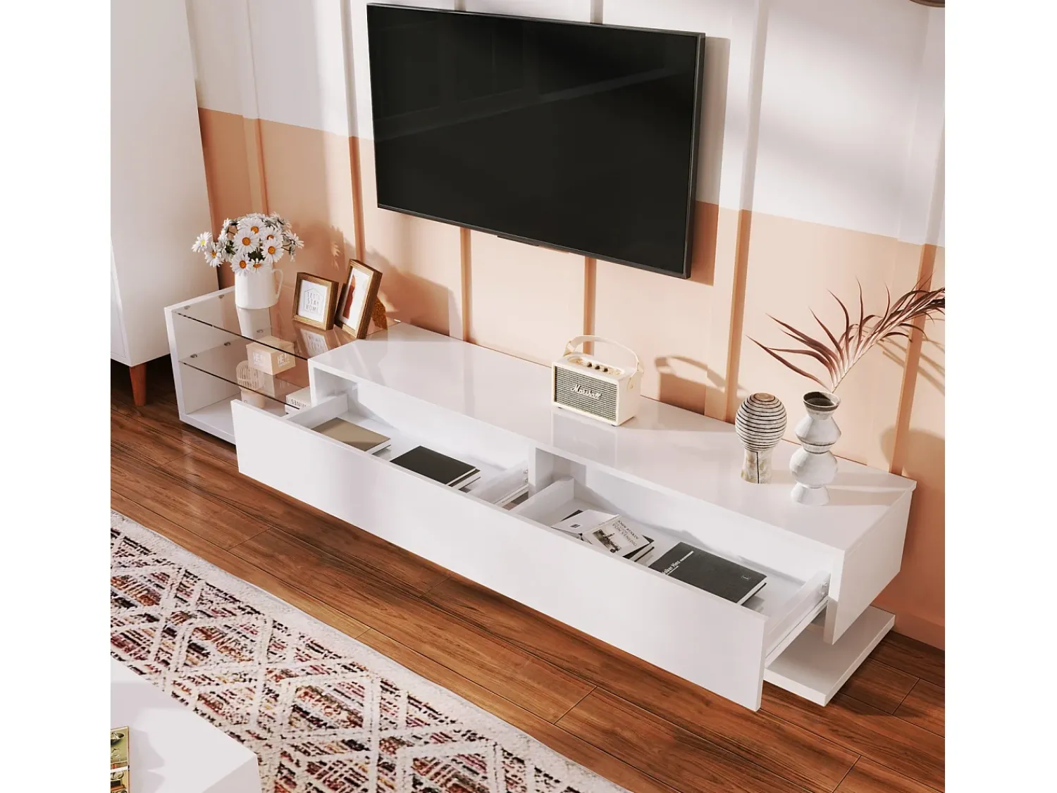 New DripeX Gabinete de TV 2 gavetas e 2 prateleiras de vidro, painéis baixos, com LED variável, carga máxima de 50 kg, 170x36x38cm, Branco