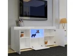 Móvel De Tv*DripeX Gabinete de TV brilhante com luz LED, 3 portas, prateleira de vidro, bancada de TV moderna, buffet de sala de estar, 135x35x70cm Branco