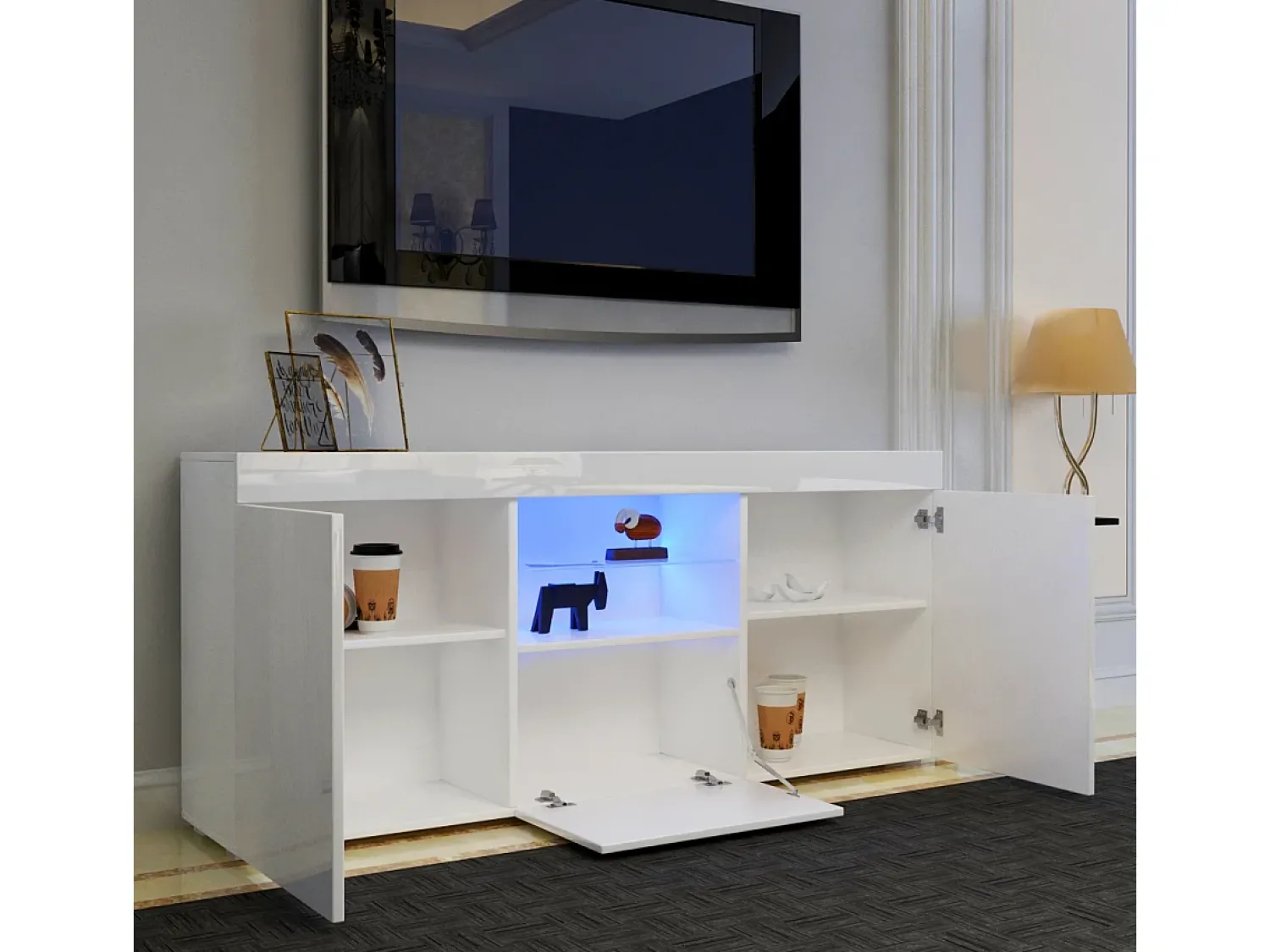 Móvel De Tv*DripeX Gabinete de TV brilhante com luz LED, 3 portas, prateleira de vidro, bancada de TV moderna, buffet de sala de estar, 135x35x70cm Branco