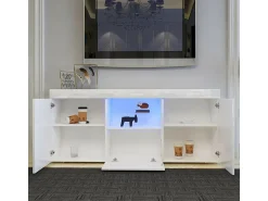 Móvel De Tv*DripeX Gabinete de TV brilhante com luz LED, 3 portas, prateleira de vidro, bancada de TV moderna, buffet de sala de estar, 135x35x70cm Branco