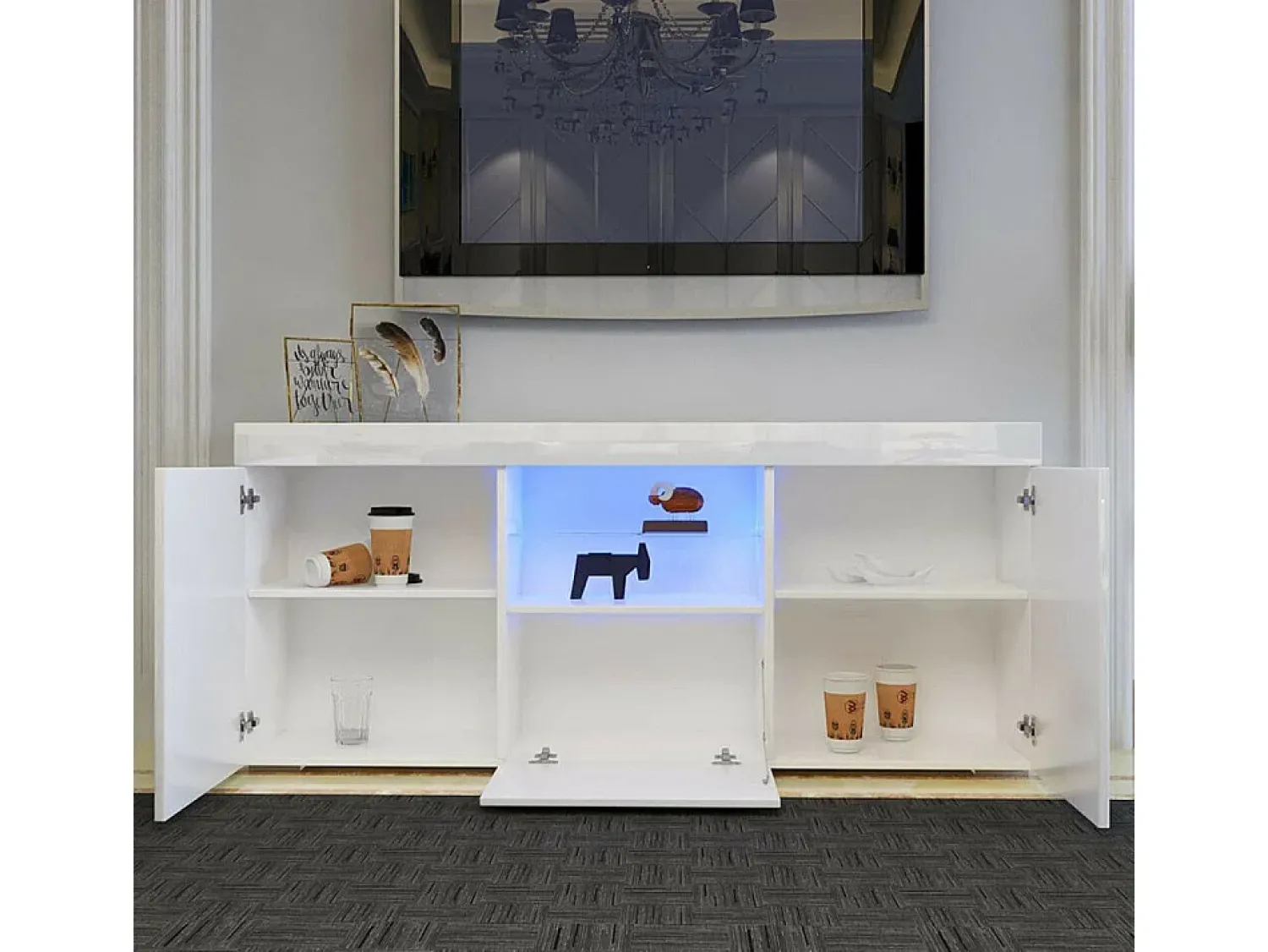 Móvel De Tv*DripeX Gabinete de TV brilhante com luz LED, 3 portas, prateleira de vidro, bancada de TV moderna, buffet de sala de estar, 135x35x70cm Branco