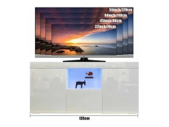 Móvel De Tv*DripeX Gabinete de TV brilhante com luz LED, 3 portas, prateleira de vidro, bancada de TV moderna, buffet de sala de estar, 135x35x70cm Branco