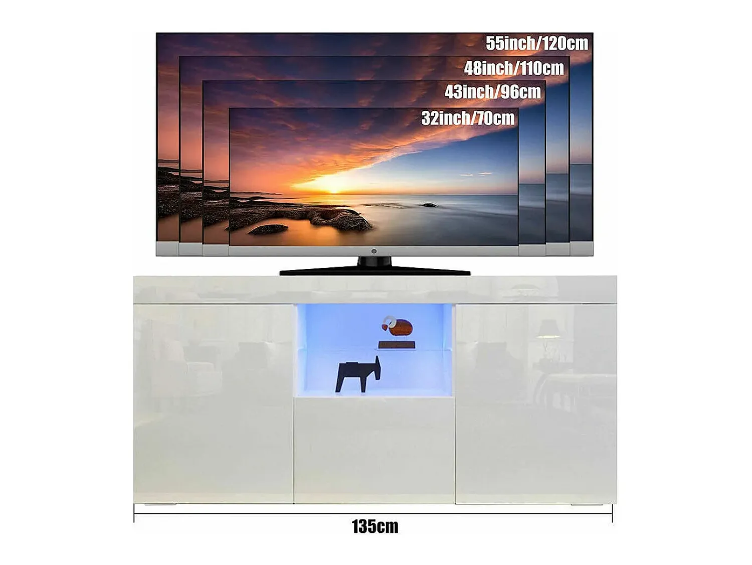 Móvel De Tv*DripeX Gabinete de TV brilhante com luz LED, 3 portas, prateleira de vidro, bancada de TV moderna, buffet de sala de estar, 135x35x70cm Branco