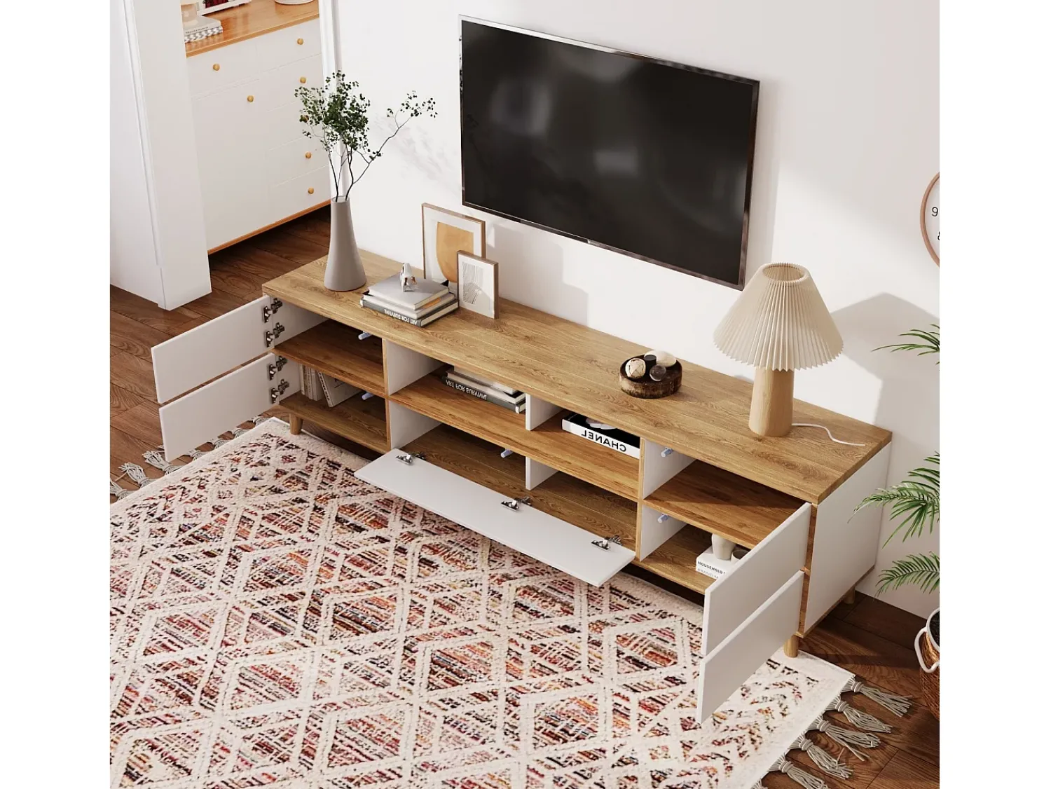 Móvel De Tv*DripeX Gabinete de TV de 5 e 8 e 8 nicho, pés de madeira sólidos, 175x37x51cm, e natural Branco