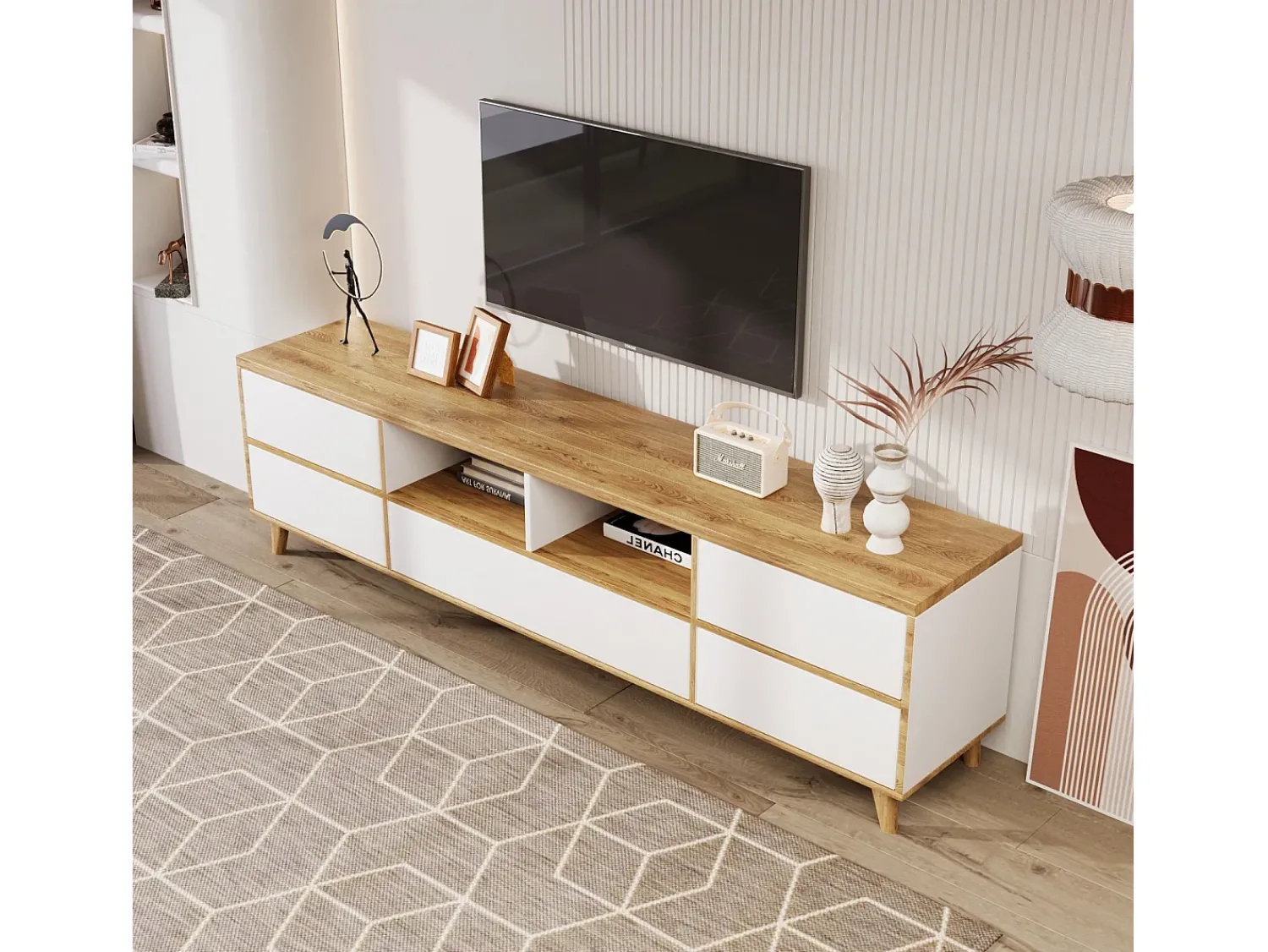 Móvel De Tv*DripeX Gabinete de TV de 5 e 8 e 8 nicho, pés de madeira sólidos, 175x37x51cm, e natural Branco